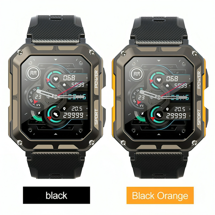"Rugged men's smartwatch with black anodized stainless steel case and robust gorilla glass screen, ideal for extreme conditio