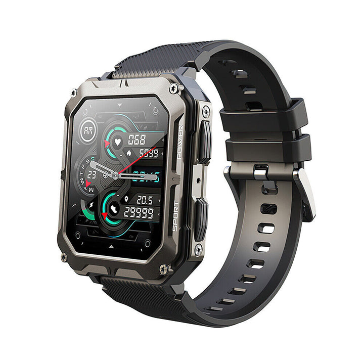 "Rugged men's smartwatch with black anodized stainless steel case and robust gorilla glass screen, ideal for extreme conditio