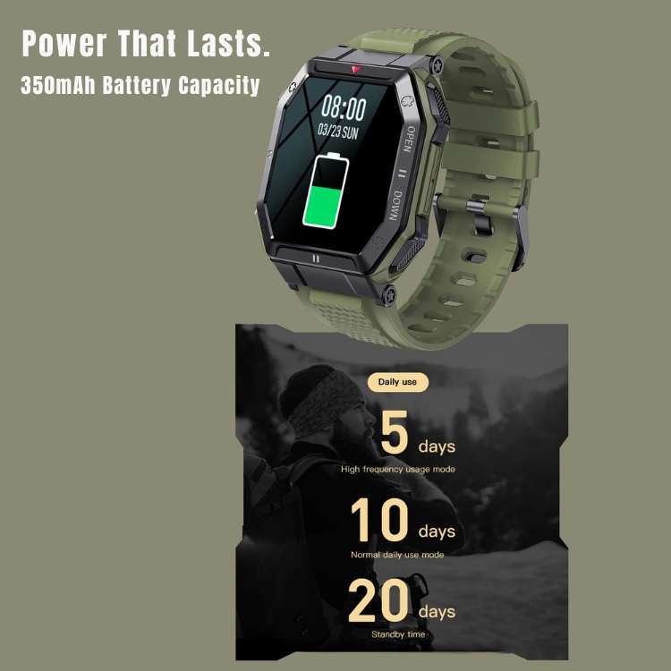 "Rugged men's smartwatch with military design, featuring a robust build and HD display, ideal for outdoor activities."