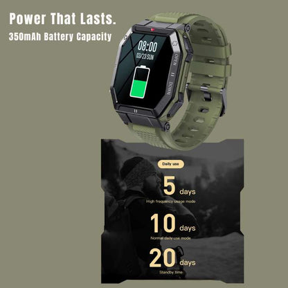 "Rugged men's smartwatch with military design, featuring a robust build and HD display, ideal for outdoor activities."