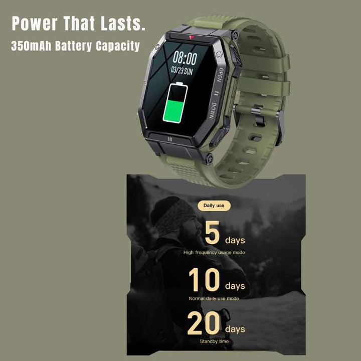 "Rugged men's smartwatch with military design, featuring a robust build and HD display, ideal for outdoor activities."