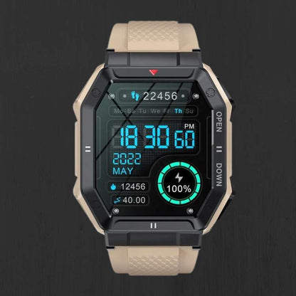 "Rugged men's smartwatch with military design, featuring a robust build and HD display, ideal for outdoor activities."