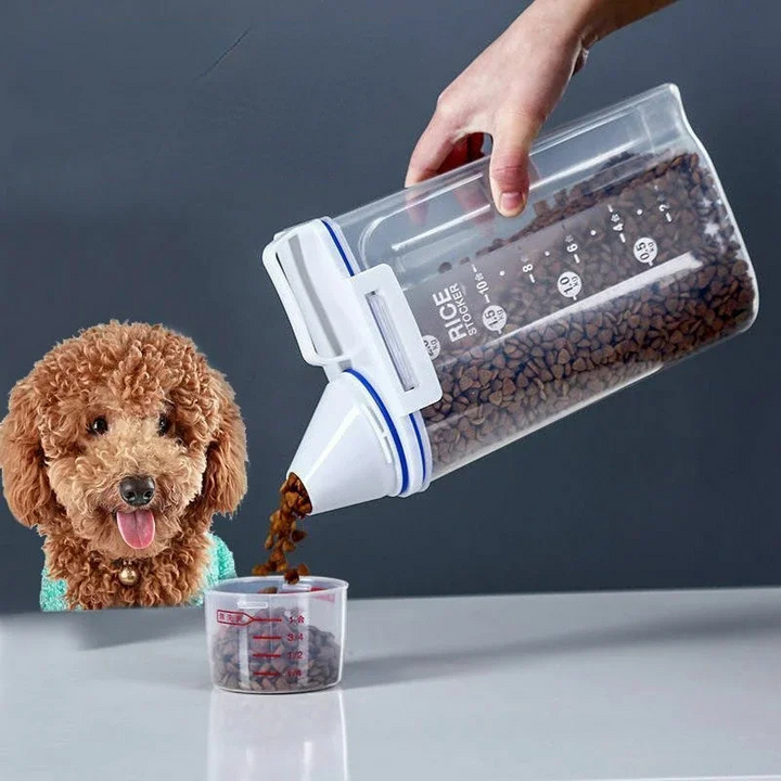 "Sealed pet food storage container with airtight seal and built-in scoop; perfect for fresh, organized kibble storage."