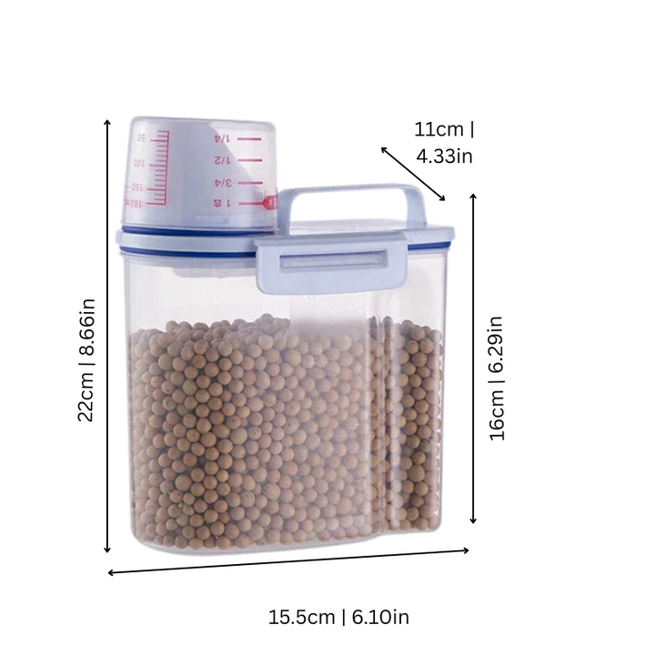 "Sealed pet food storage container with airtight seal and built-in scoop; perfect for fresh, organized kibble storage."