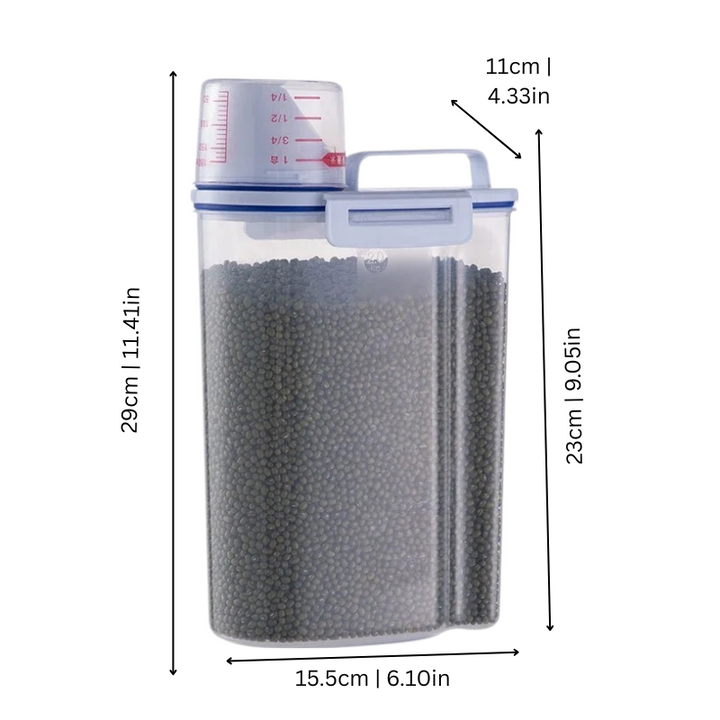 "Sealed pet food storage container with airtight seal and built-in scoop; perfect for fresh, organized kibble storage."