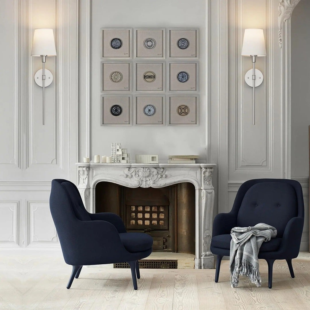"Set of 2 modern wireless battery wall sconces with sleek metal body and fabric shade, ideal for living room or bedroom."