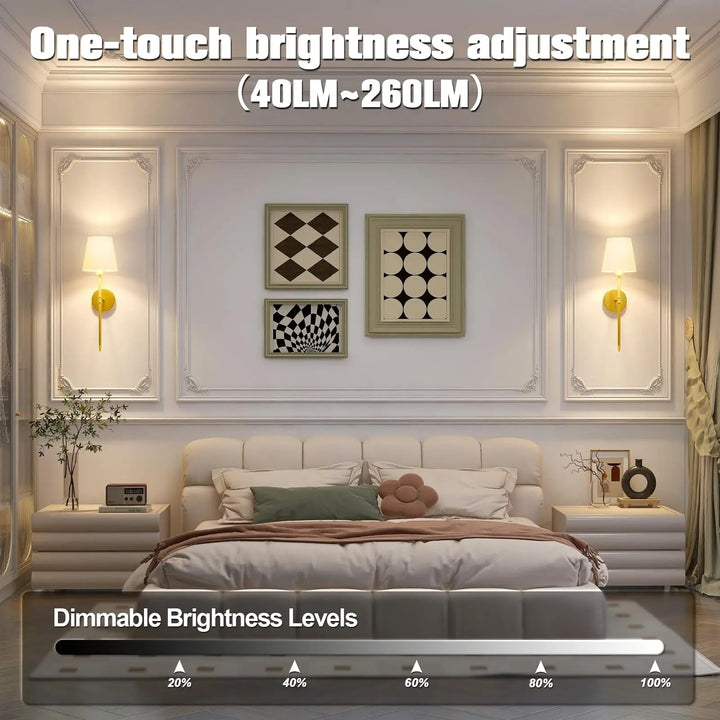 "Set of 2 modern wireless battery wall sconces with sleek metal body and fabric shade, ideal for living room or bedroom."
