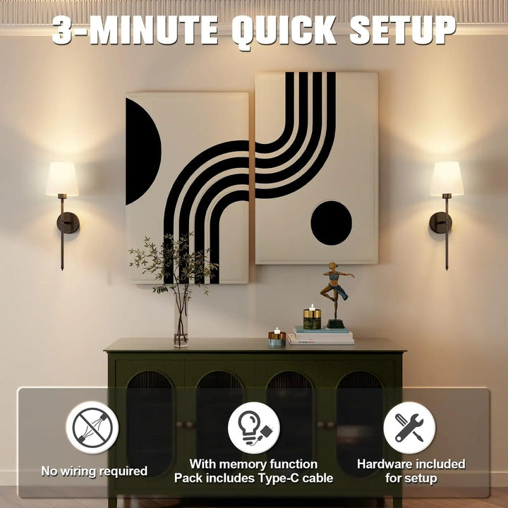 "Set of 2 modern wireless battery wall sconces with sleek metal body and fabric shade, ideal for living room or bedroom."