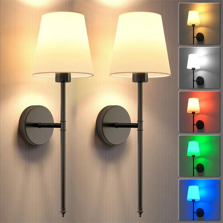 "Set of 2 modern wireless battery wall sconces with sleek metal body and fabric shade, ideal for living room or bedroom."