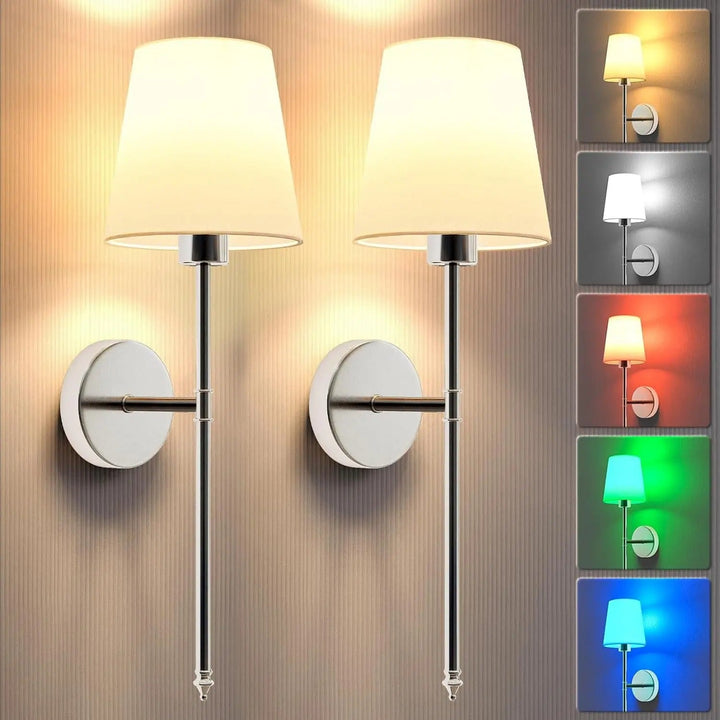 "Set of 2 modern wireless battery wall sconces with sleek metal body and fabric shade, ideal for living room or bedroom."