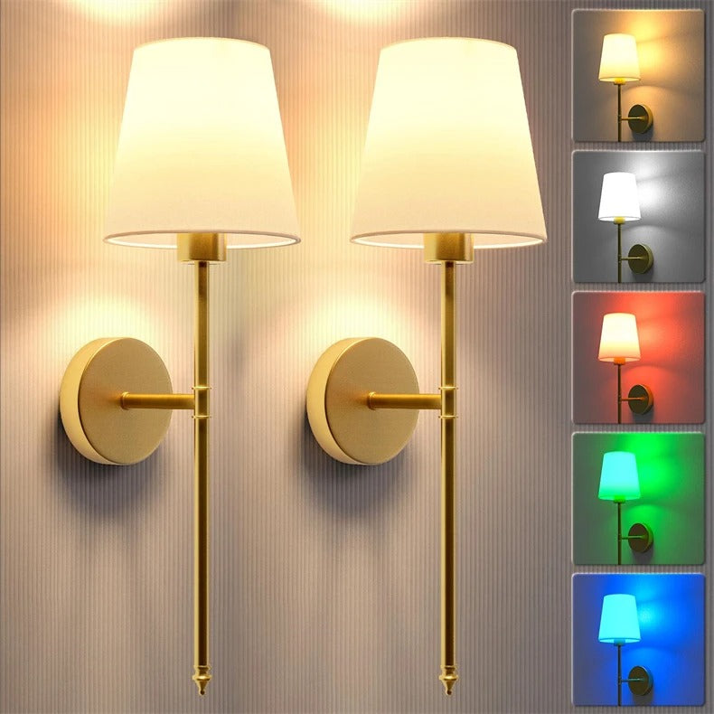 "Set of 2 modern wireless battery wall sconces with sleek metal body and fabric shade, ideal for living room or bedroom."