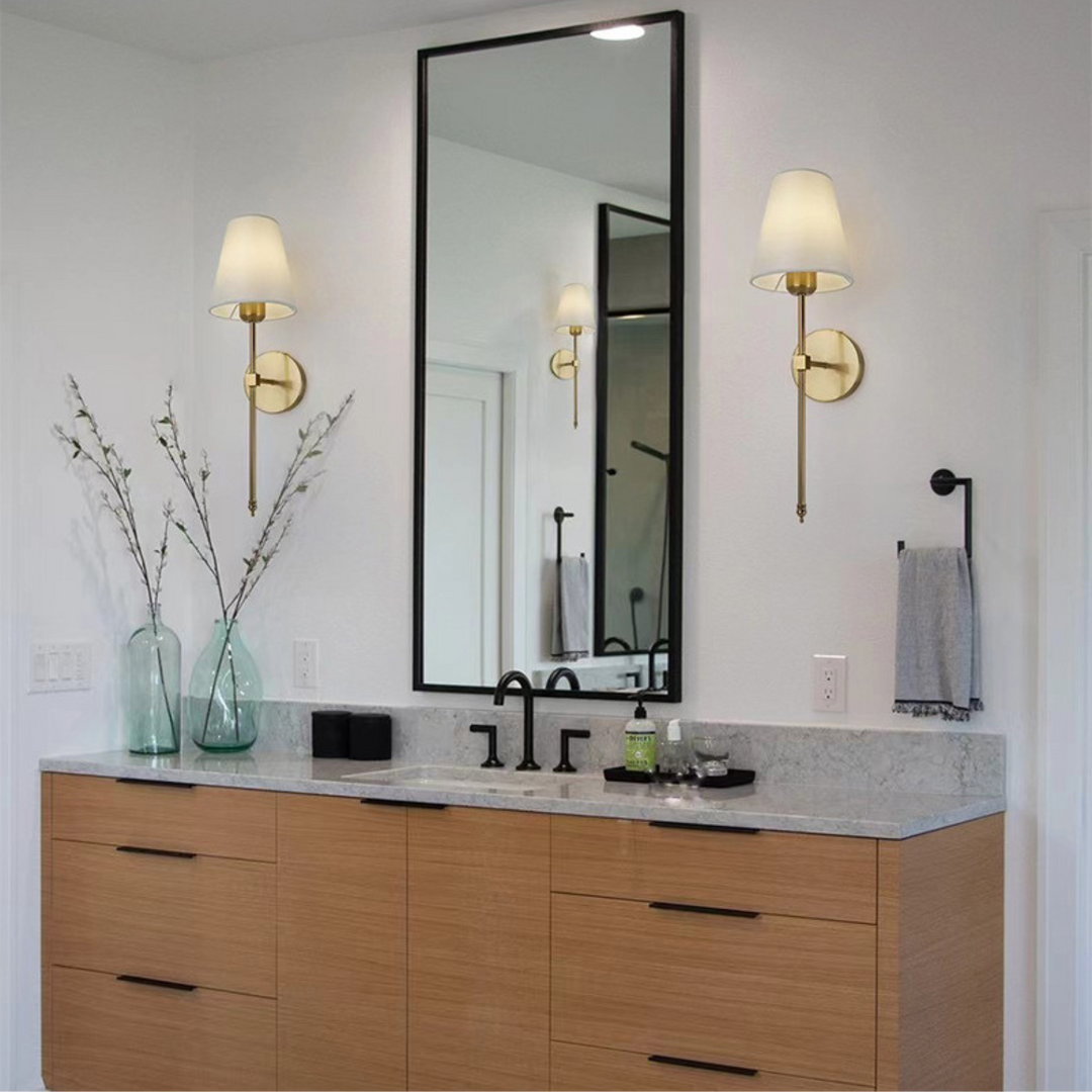 "Set of 2 modern wireless battery wall sconces with sleek metal body and fabric shade, ideal for living room or bedroom."