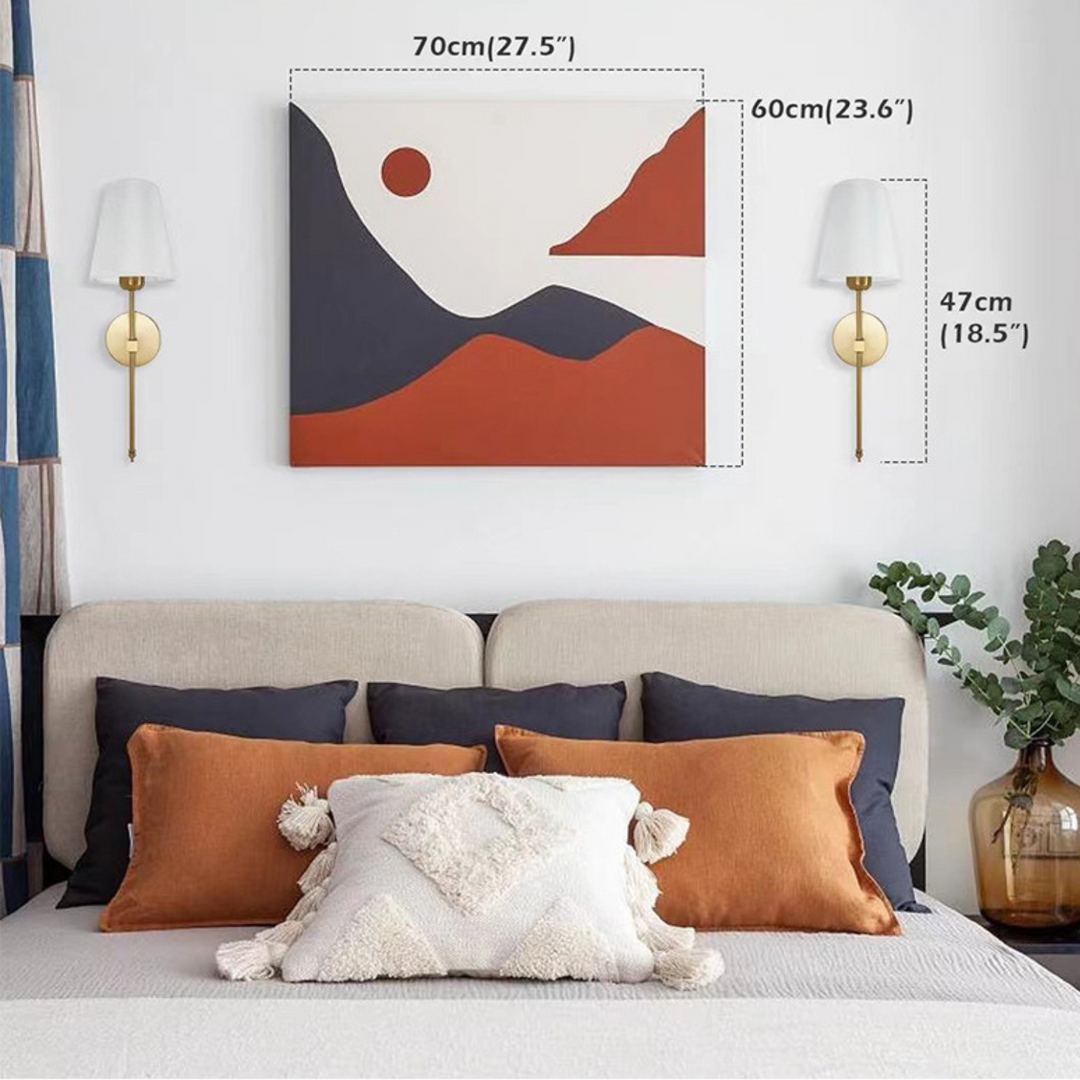 "Set of 2 modern wireless battery wall sconces with sleek metal body and fabric shade, ideal for living room or bedroom."