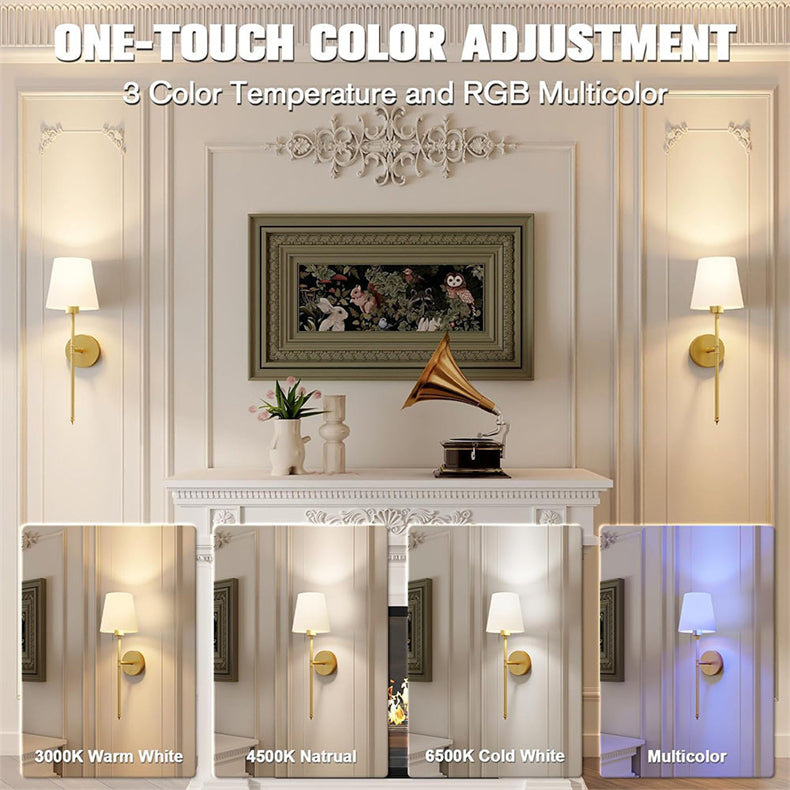 "Set of 2 modern wireless battery wall sconces with sleek metal body and fabric shade, ideal for living room or bedroom."