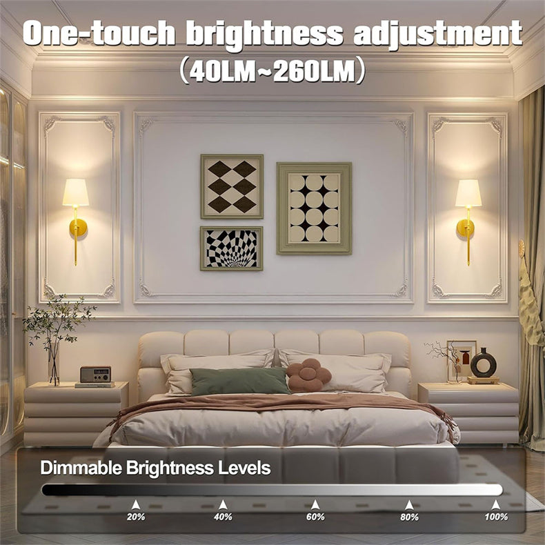 "Set of 2 modern wireless battery wall sconces with sleek metal body and fabric shade, ideal for living room or bedroom."