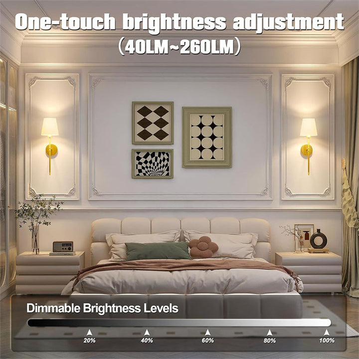 "Set of 2 modern wireless battery wall sconces with sleek metal body and fabric shade, ideal for living room or bedroom."