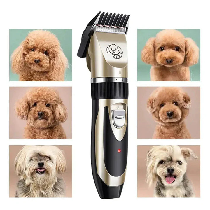 "Silent dog grooming trimmer set with adjustable combs; quiet ergonomic design, multiple attachments for all fur types."