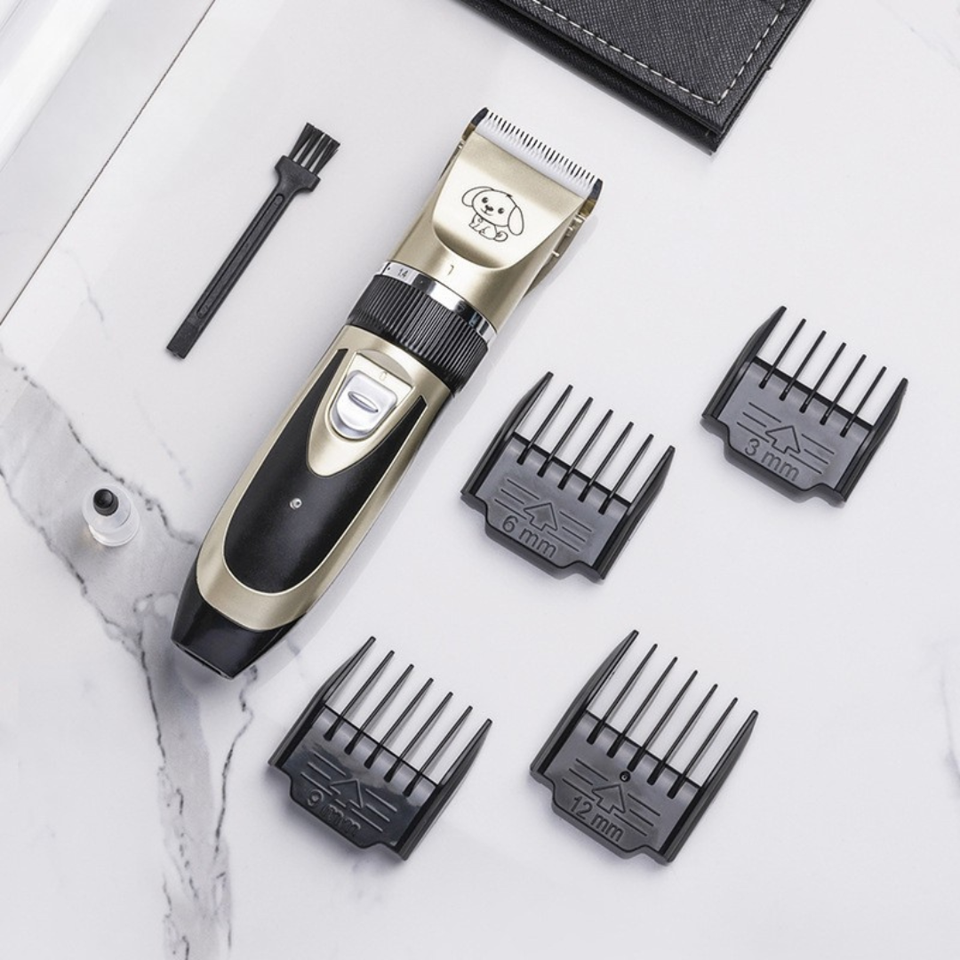"Silent dog grooming trimmer set with adjustable combs; quiet ergonomic design, multiple attachments for all fur types."