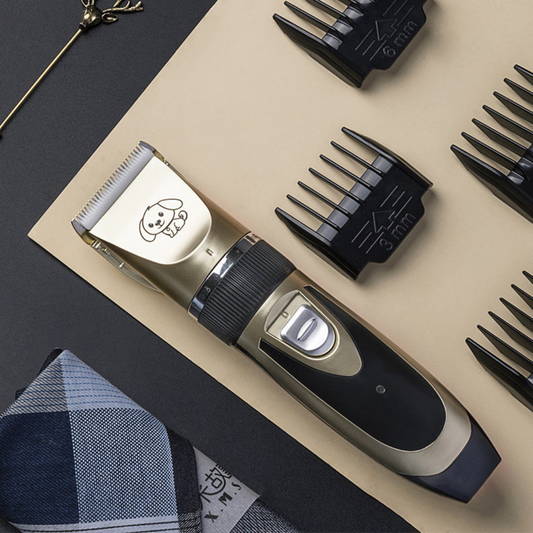 "Silent dog grooming trimmer set with adjustable combs; quiet ergonomic design, multiple attachments for all fur types."