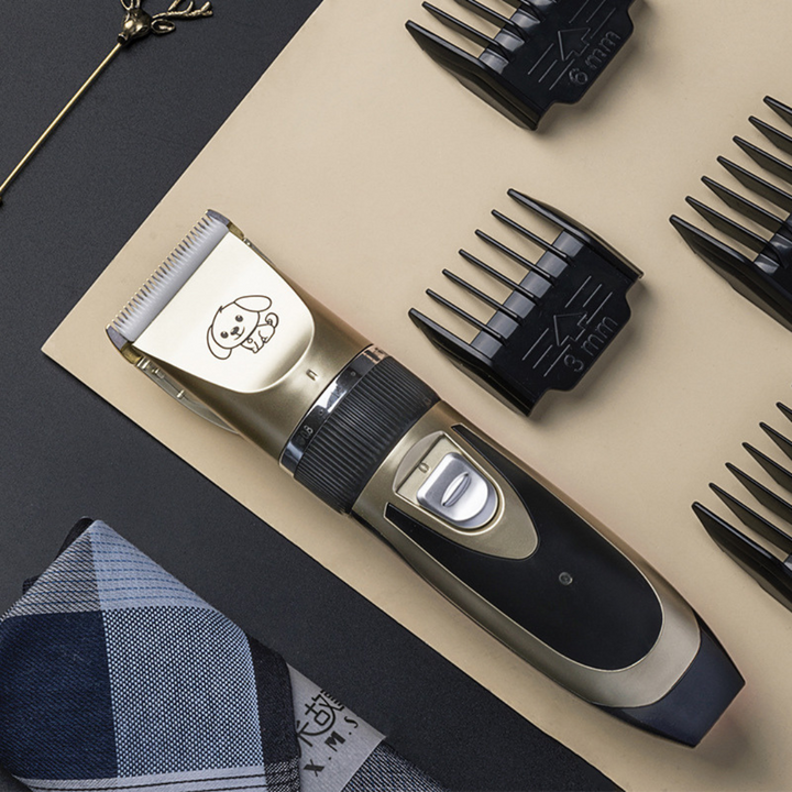 "Silent dog grooming trimmer set with adjustable combs; quiet ergonomic design, multiple attachments for all fur types."