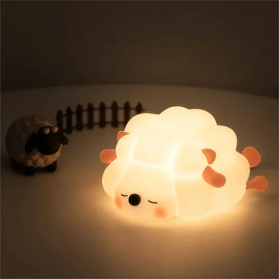 Silicone animal night light for kids with Panda, Sheep, and Rabbit shapes, USB rechargeable, touch-sensitive brightness.