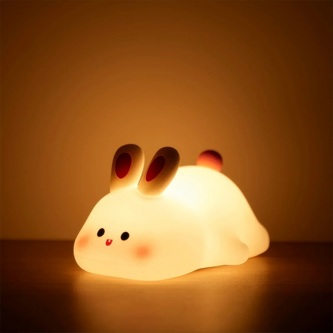 Silicone animal night light for kids with Panda, Sheep, and Rabbit shapes, USB rechargeable, touch-sensitive brightness.
