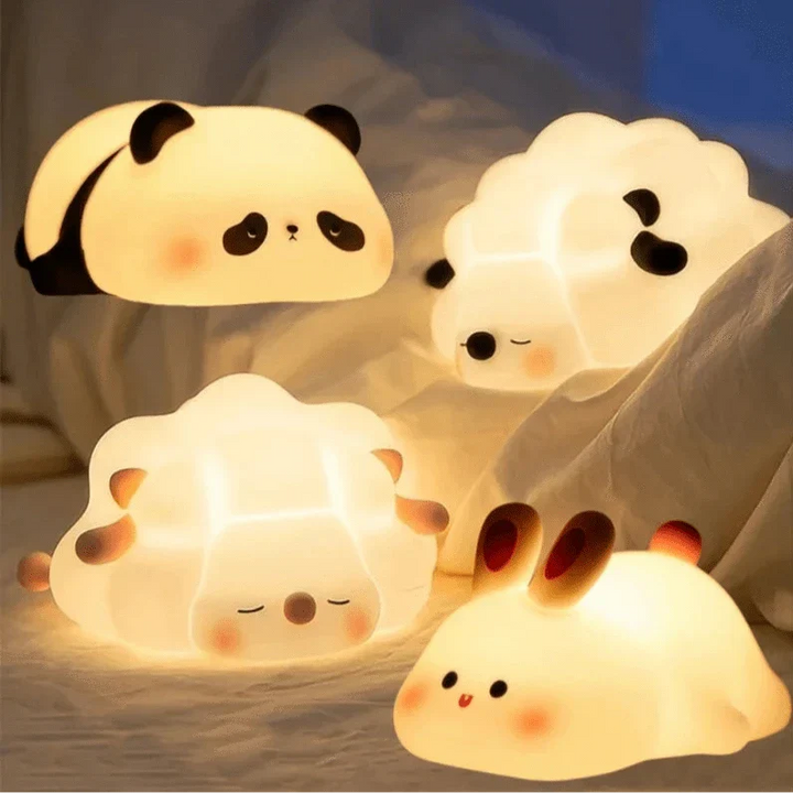 Silicone animal night light for kids with Panda, Sheep, and Rabbit shapes, USB rechargeable, touch-sensitive brightness.