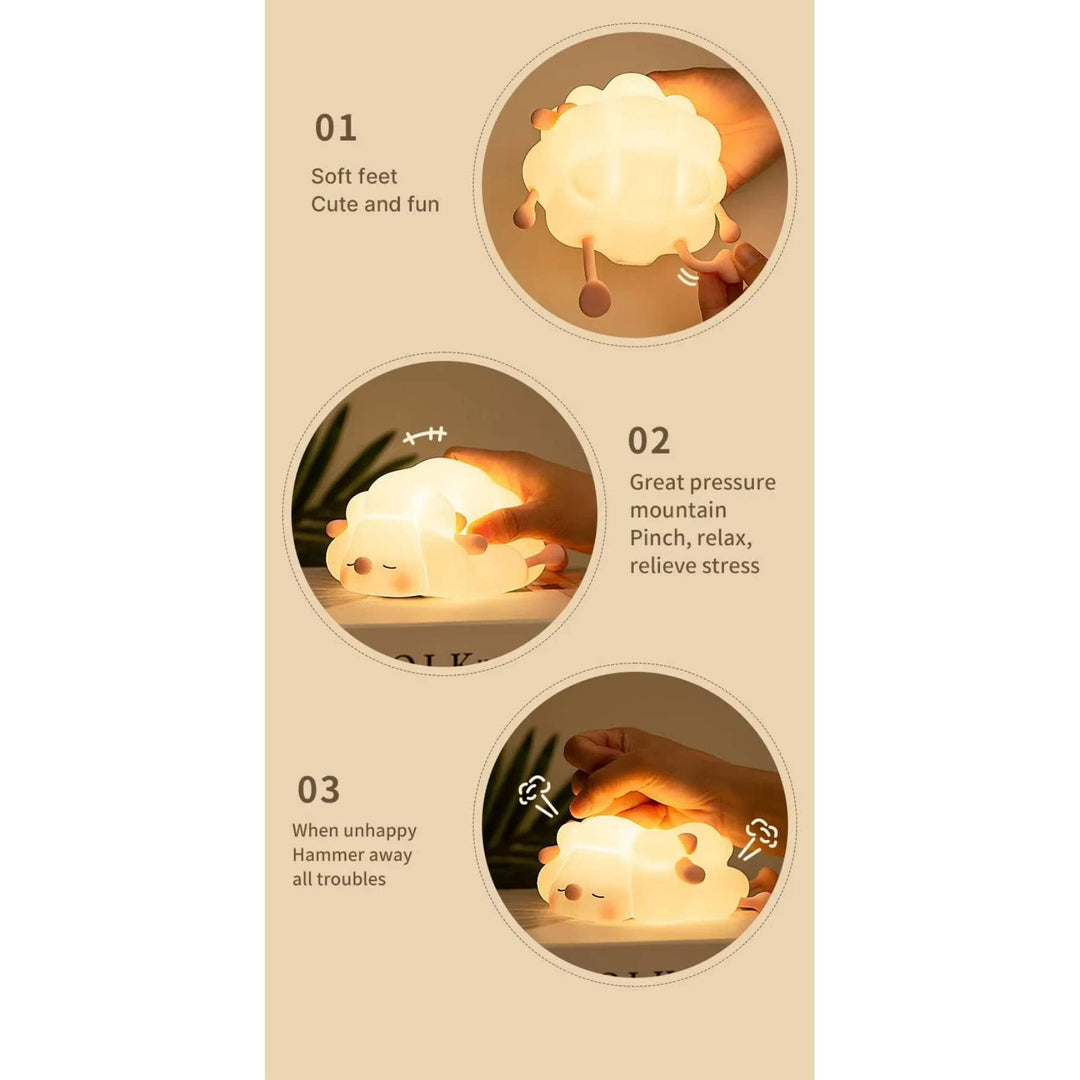 Silicone animal night light for kids with Panda, Sheep, and Rabbit shapes, USB rechargeable, touch-sensitive brightness.