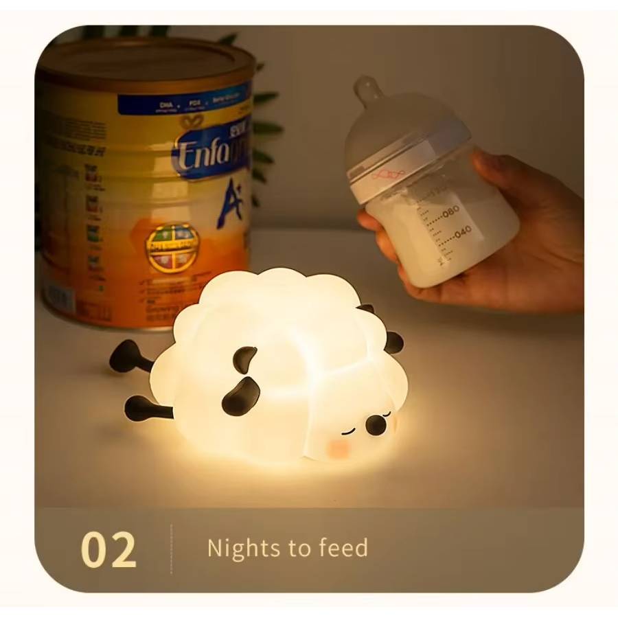 Silicone animal night light for kids with Panda, Sheep, and Rabbit shapes, USB rechargeable, touch-sensitive brightness.