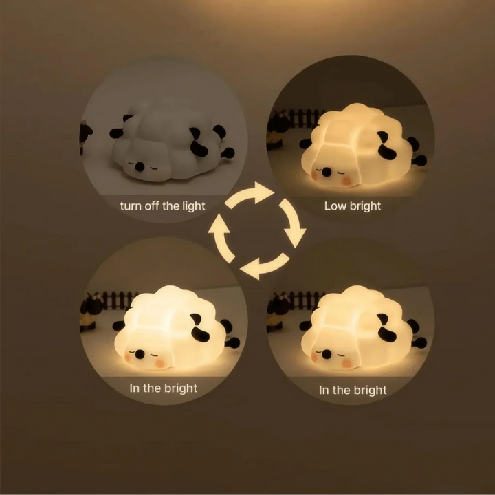 Silicone animal night light for kids with Panda, Sheep, and Rabbit shapes, USB rechargeable, touch-sensitive brightness.