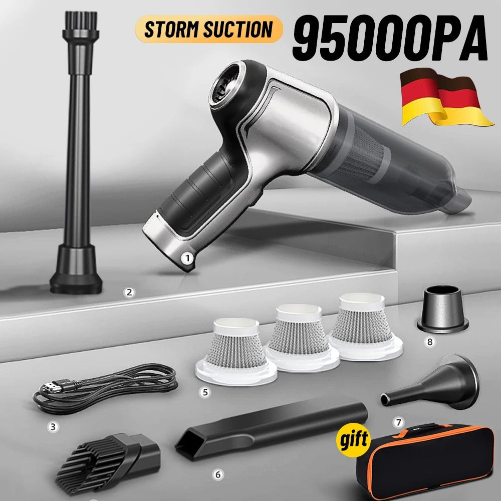 "Silver cordless car vacuum cleaner with 95000Pa suction, sleek and lightweight for efficient car and home cleaning."