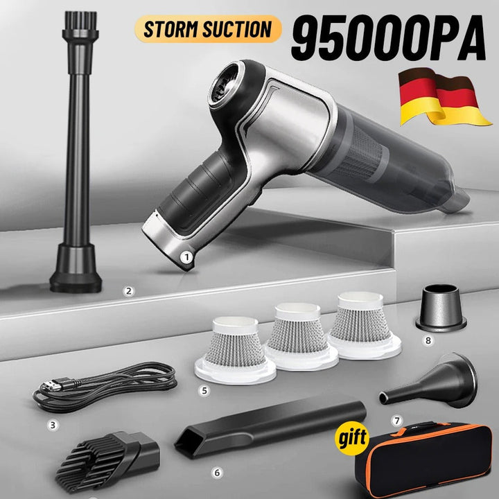 "Silver cordless car vacuum cleaner with 95000Pa suction, sleek and lightweight for efficient car and home cleaning."