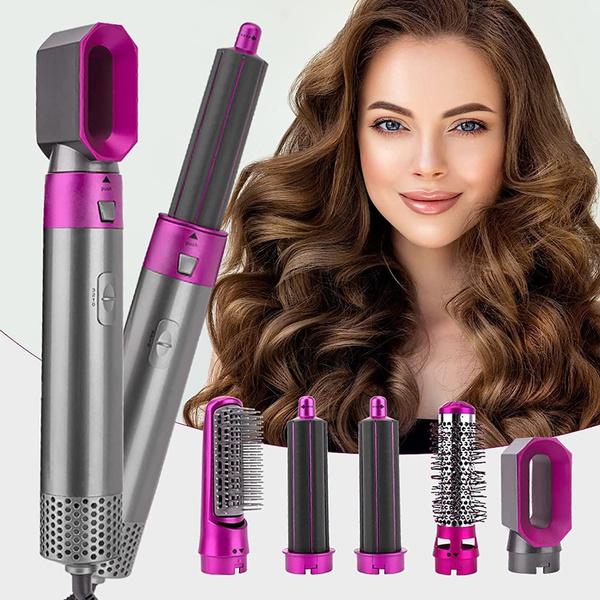 "Sleek 5-in-1 hair styler with attachments for curling, straightening, and drying; compact design, fits all hair types."