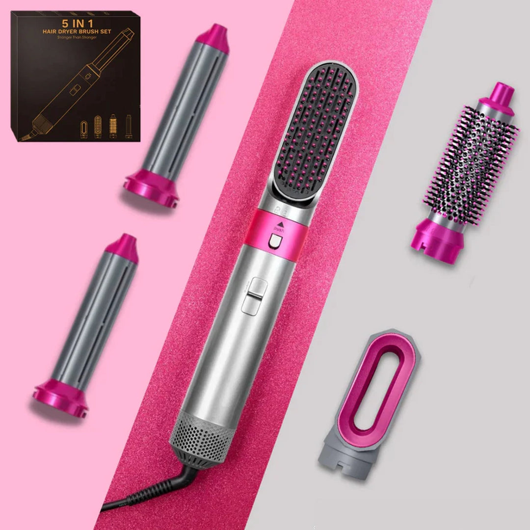 "Sleek 5-in-1 hair styler with attachments for curling, straightening, and drying; compact design, fits all hair types."