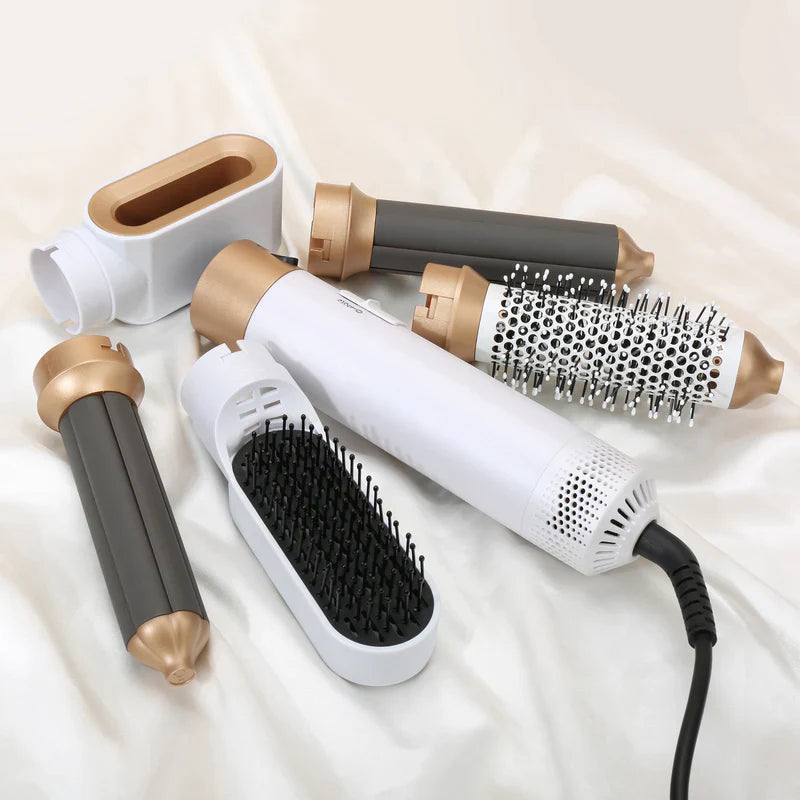 "Sleek 5-in-1 hair styler with attachments for curling, straightening, and drying; compact design, fits all hair types."