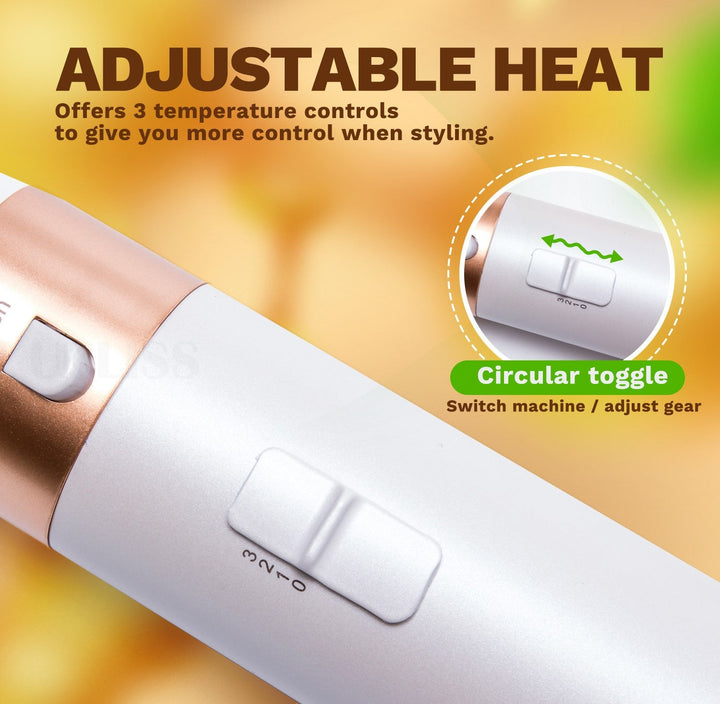 "Sleek 5-in-1 hair styler with attachments for curling, straightening, and drying; compact design, fits all hair types."