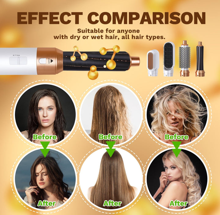"Sleek 5-in-1 hair styler with attachments for curling, straightening, and drying; compact design, fits all hair types."