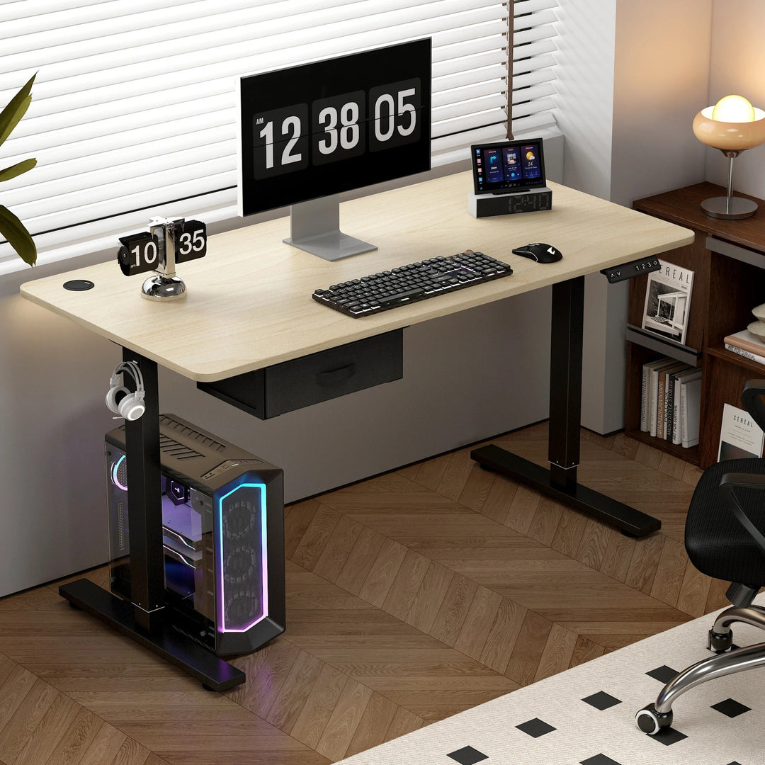 "Sleek adjustable electric standing desk with spacious drawer, USB ports; suits sitting/standing positions in home office."