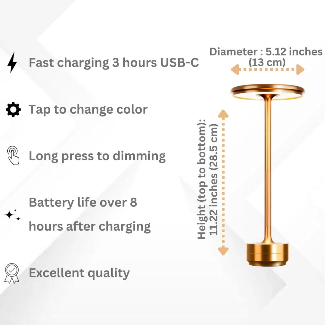 "Sleek cordless LED table lamp with a touch sensor, featuring a minimalist design in available colors: black, gold, silver."