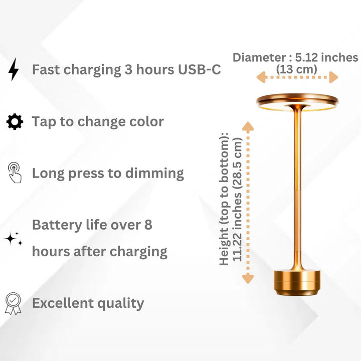 "Sleek cordless LED table lamp with a touch sensor, featuring a minimalist design in available colors: black, gold, silver."