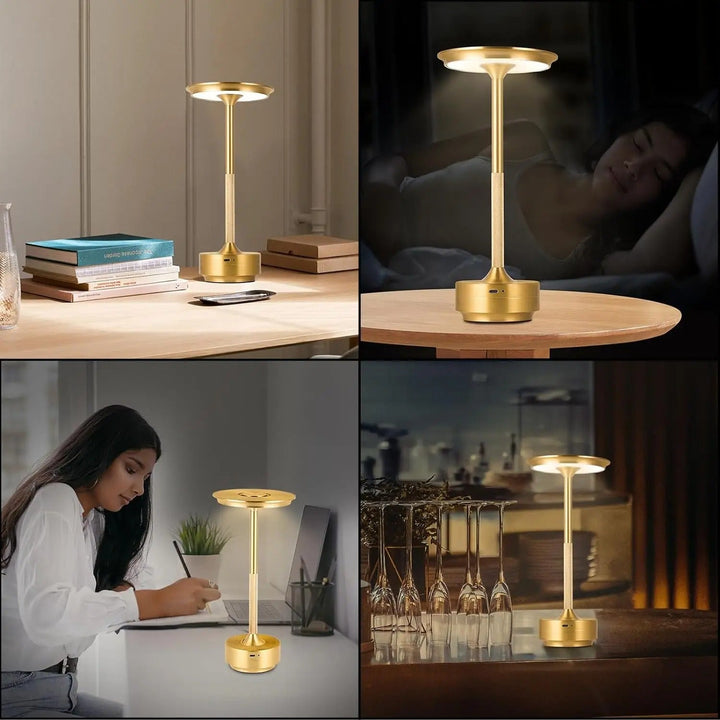 "Sleek cordless LED table lamp with a touch sensor, featuring a minimalist design in available colors: black, gold, silver."