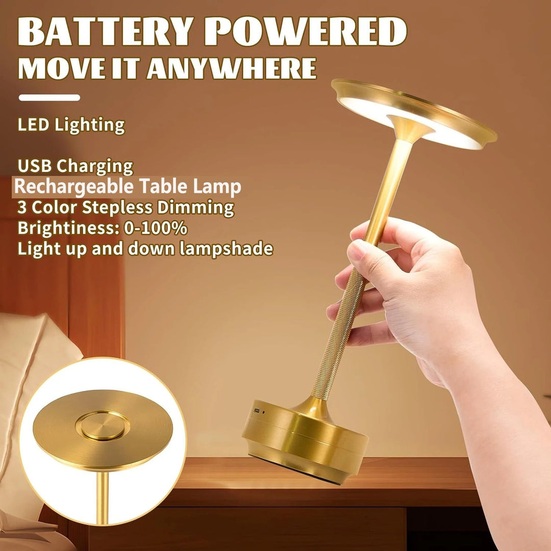 "Sleek cordless LED table lamp with a touch sensor, featuring a minimalist design in available colors: black, gold, silver."