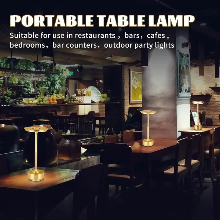 "Sleek cordless LED table lamp with a touch sensor, featuring a minimalist design in available colors: black, gold, silver."