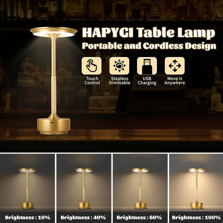 "Sleek cordless LED table lamp with a touch sensor, featuring a minimalist design in available colors: black, gold, silver."