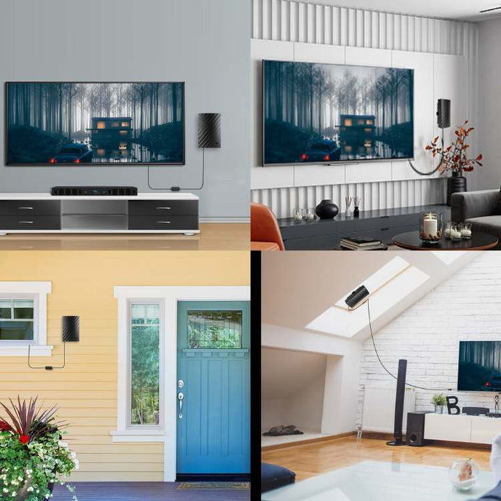 Sleek FreeStream 4K Indoor TV Aerial captures free HD channels with ease, compact design ideal for elegant home setups.