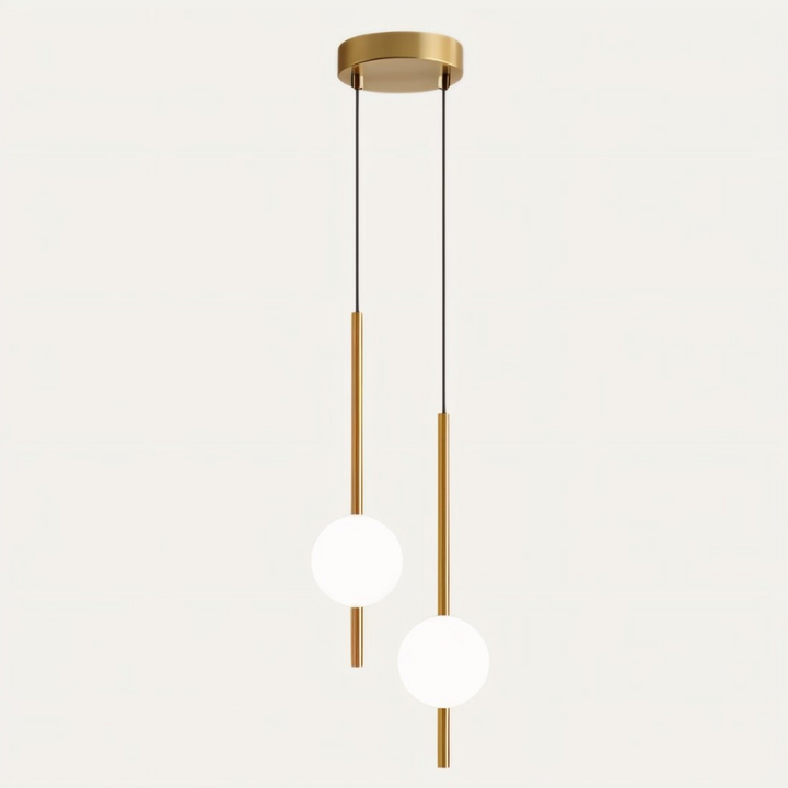 "Sleek glass ball Nordic pendant light with metal frame, LED bulb; available in black or brass, perfect for modern decor."