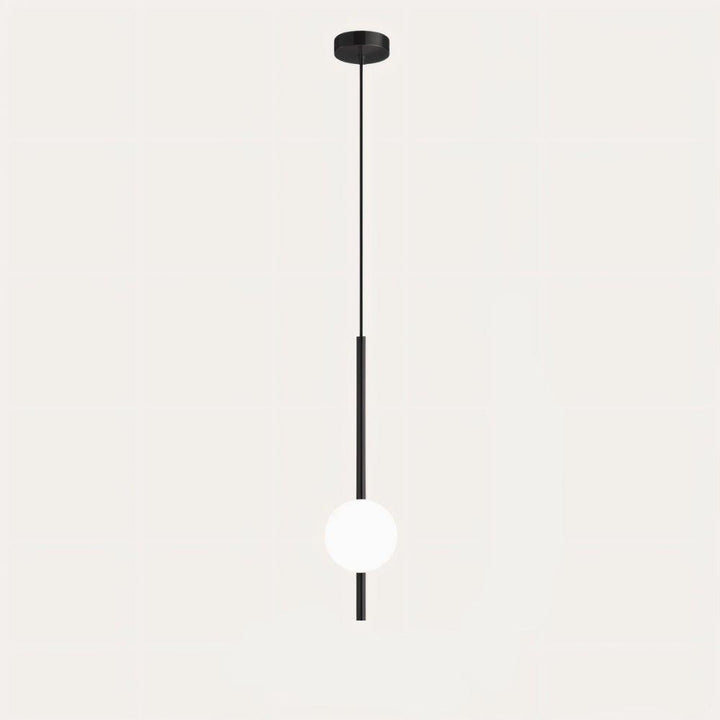 "Sleek glass ball Nordic pendant light with metal frame, LED bulb; available in black or brass, perfect for modern decor."