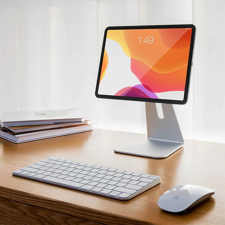 "Sleek magnetic iPad stand holder for home office, compatible with iPad Pro and Air, enhancing modern desk aesthetics."