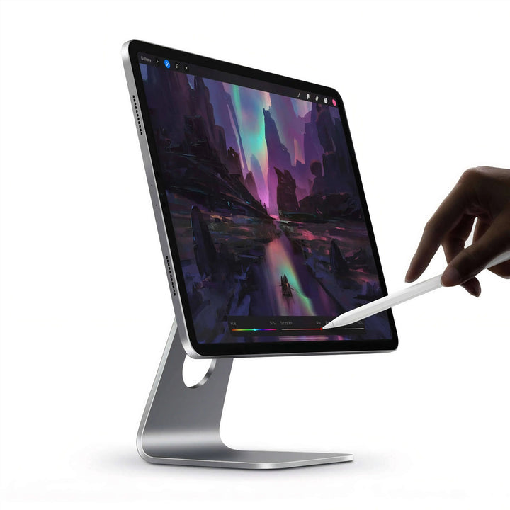 "Sleek magnetic iPad stand holder for home office, compatible with iPad Pro and Air, enhancing modern desk aesthetics."