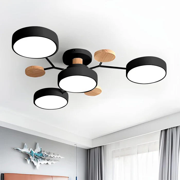 "Sleek modern halo LED semi-flush ceiling light, iron and acrylic build, perfect for contemporary living rooms or bedrooms."